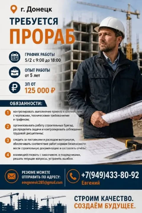 Г. донецк : требуется прораб график работы 5/2 с 9:00 до 18:00 опыт работы от 5 лет зп от 125000р. о... - фотография
