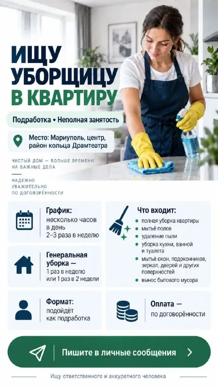 Ищу уборщицу в квартиру — подработка

📍 Мариуполь, центр, район кольца драмтеатра.

Ищу аккуратного ... - фотография