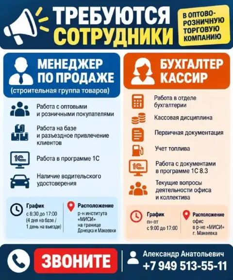 Предприятию оптовой и розничной торговли требуются сотрудники:

1.👨‍💼Менеджер по продажам
(Строитель... - фотография