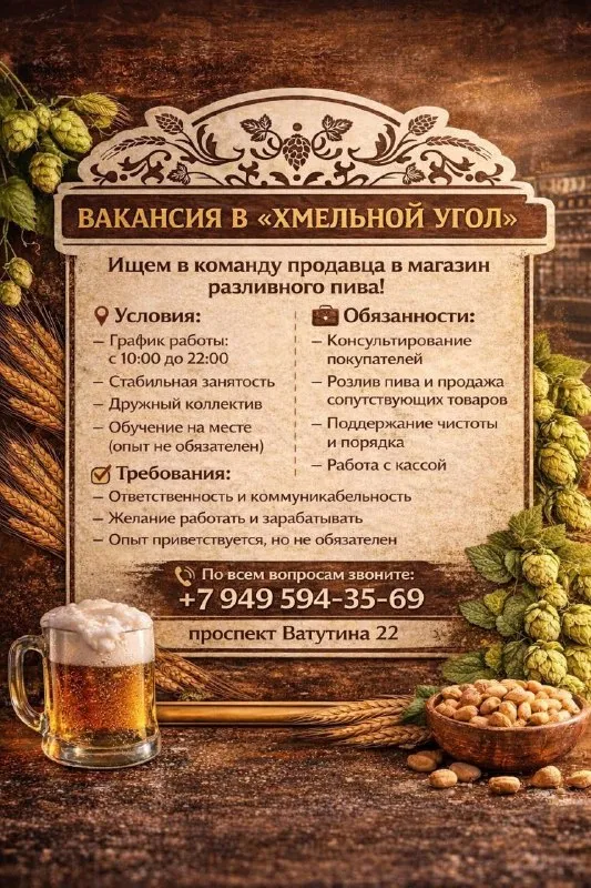 В магазин разливного пива требуется продавец-консультант!
Ищем активного, ответственного и доброжелательного сотрудника в нашу команду.
Условия работы:
✅ График 7/7
✅ Заработная плата: ставка + %
✅ Своевременная выплата заработной платы
✅ Комфортные условия работы
✅ Дружный коллектив
Обязанности:
• Консультирование покупателей по ассортименту
• Продажа разливных напитков и сопутствующих товаров
• Поддержание чистоты и порядка на рабочем месте
• Работа с кассой
Требования:
• Коммуникабельность и ответственность
• Вежливое отношение к покупателям
• Опыт работы в продажах приветствуется, но не обязателен
Все вопросы по номеру телефона +79495943569 даниил - фотография - 1
