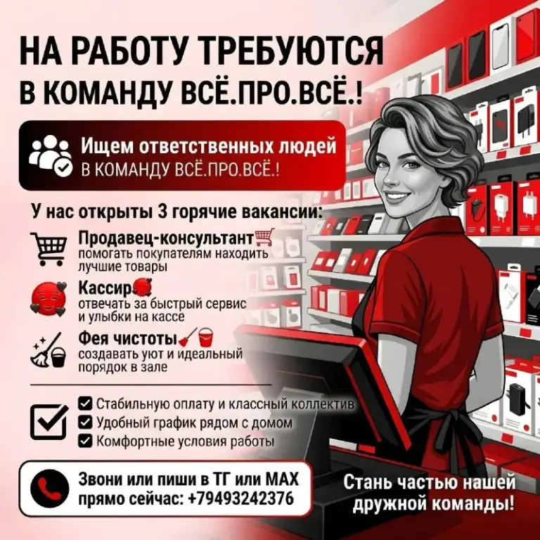 ❗Ищем людей в команду «всё. Про. Всё. »!

📍Открыты вакансии по адресу пр-т металлургов, 174:

Продавец-консультант
Кассир

🔻Мы предлагаем:
Стабильную оплату, удобный график у дома и отличный коллектив.

Как с нами связаться?
✍️ Заполни форму резюме и с тобой свяжутся в течении 3-х дней! Https://forms. Yandex. Ru/u/6960083f1f1eb5c732dfebb1

Звони/пиши в тг или max:
☎️+79493242376 - фотография - 1