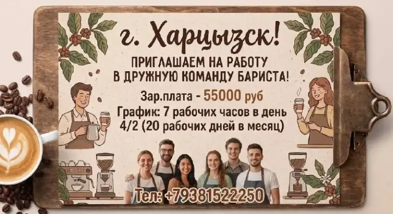 ☕ Харцызск, ищем бариста в команду!

Любите кофе и общение? Приходите работать в нашу дружную кофейню!

Условия:
💰 Зарплата — 55 000 ₽
🕒 Рабочий день — 7 часов
📅 График — 4/2, 20 рабочих дней в месяц

Для записи на собеседование :
☎️ +7 (938) 152-22-50 - фотография - 1