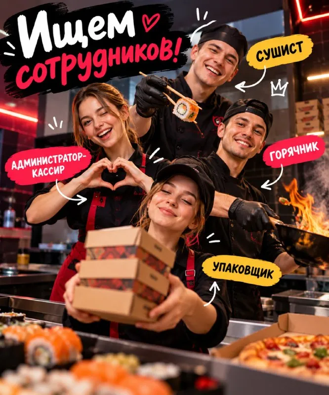 👋 Привет! Ищешь работу? Давай к нам!

Мы — команда «мастер суши / дом пиццы» 🍣🍕

Сейчас нам нужны:
🍣 Сушист — от 5 000 ₽ за смену
🍳 Горячник — от 4 000 ₽ за смену
🧾 Администратор-кассир — от 4 500 ₽ за смену
📦 Упаковщик — от 2 500 ₽ за смену

🔥 Что у нас хорошего?
— Стабильная оплата
— Классная команда
— Помощь и поддержка коллег
— Возможность выбрать удобный филиал

📩 Пиши нам и становись частью команды! +79498486202 - фотография - 1