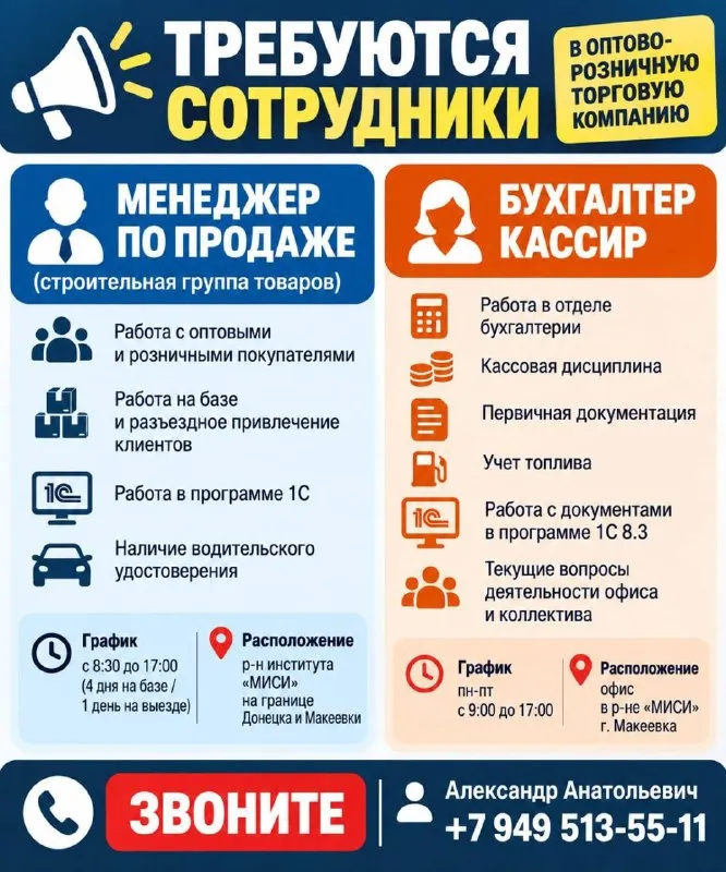 Предприятию оптовой и розничной торговли требуются сотрудники:

1.👨‍💼Менеджер по продажам
(Строительная группа товаров)
- Работа с оптовыми и розничными покупателями.
- Работа на базе и разъездное привлечение клиентов.
- Работа в программе 1с.
- Наличие водительского удостоверения.
📍Предприятие расположено в р-не института "миси" на границе донецка и макеевки.
⏰График: с 8:30 до 17:00
(4 Дня на базе / 1 день на выезде)
💵З. П. 60 000 руб. Мес. Далее - постепенный рост с привязкой к продажам.

2.👩‍💼Бухгалтер кассир
- Работа в отделе бухгалтерии.
- Кассовая дисциплина;
- Первичная документация;
- Учет топлива.
- Работа с документами в программе 1с 8.3
- Текущие вопросы деятельности офиса и коллектива.
📍Офис расположен в р-не "миси" г. Макеевка.
⏰График: пн-пт с 9:00 до 17:00
💵З. П. 55 000 руб. Месяц.

☎️Звоните
Александр анатольевич
+79495135511

🟣 Работа в мах

Разместить вакансию | 📱подписаться - фотография - 1