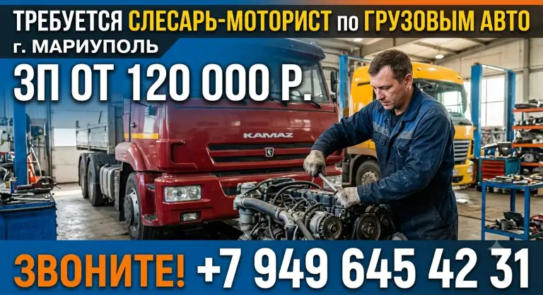 Требуется слесарь-моторист по грузовым авто!
​📍 Город мариуполь.
​💰 Заработная плата: от 120 000 рублей.
​Работа в оборудованном автосервисе. Ремонт двигателей грузовых автомобилей (например, камаз).
​Условия:
​Стабильная работа.
​Высокая оплата.
​Звоните!
📱 +7 949 645 42 31 - фотография - 1