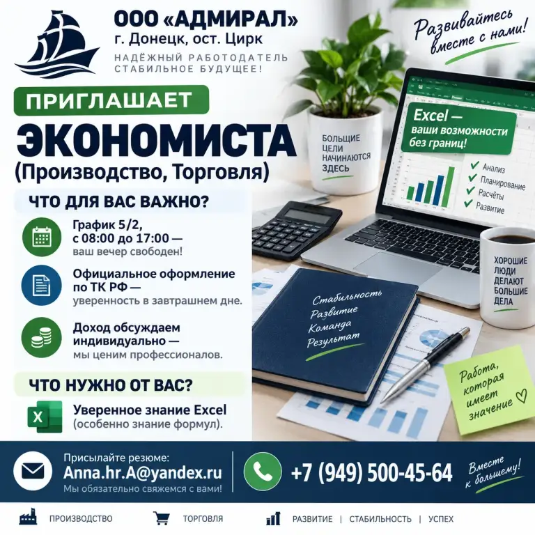 Ищете работу, где цифры любят порядок, а вы — стабильность?
Компания ооо «адмирал» (г. Донецк, ост. Цирк) приглашает экономиста (производство, торговля).
✔ График 5/2, с 08:00 до 17:00
✔ Официальное оформление по тк рф — уверенность в завтрашнем дне.
✔ Зп 70000
Что нужно от вас?
Уверенное знание excel (особенно знание формул).
📩 Присылайте резюме: anna. Hr. A@yandex. Ru
Мы обязательно свяжемся с вами!
📞 +7 (949) 500-45-64 - фотография - 1